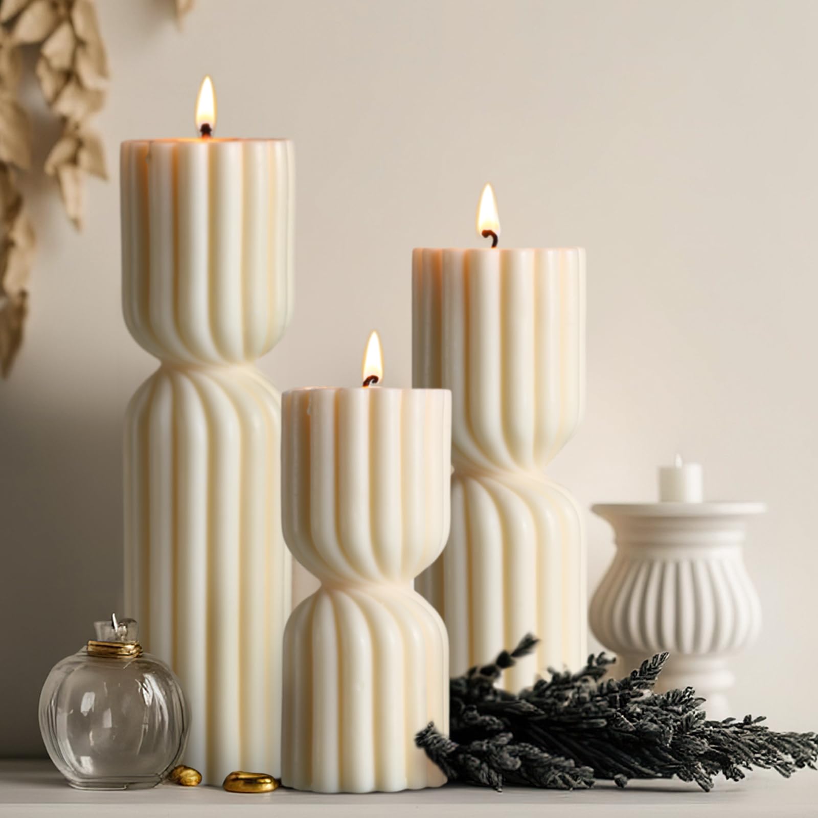 Conelist 3 Pcs Ribbed Pillar Candles Handmade Scented Soy Wax Candle Natural Aesthetic Candles Housewarming Gift Decorative Candles for Home Decor, 5.5 Inch, 7 Inch, 9 Inch in Height(White)