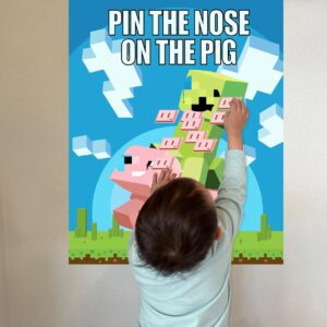 SUNALETTA Video Game Birthday Party Supplies for Kids Pin The Nose on The Pig Games Party Games for Kids, Pixel Miner Party Kids Party Favors Decorations