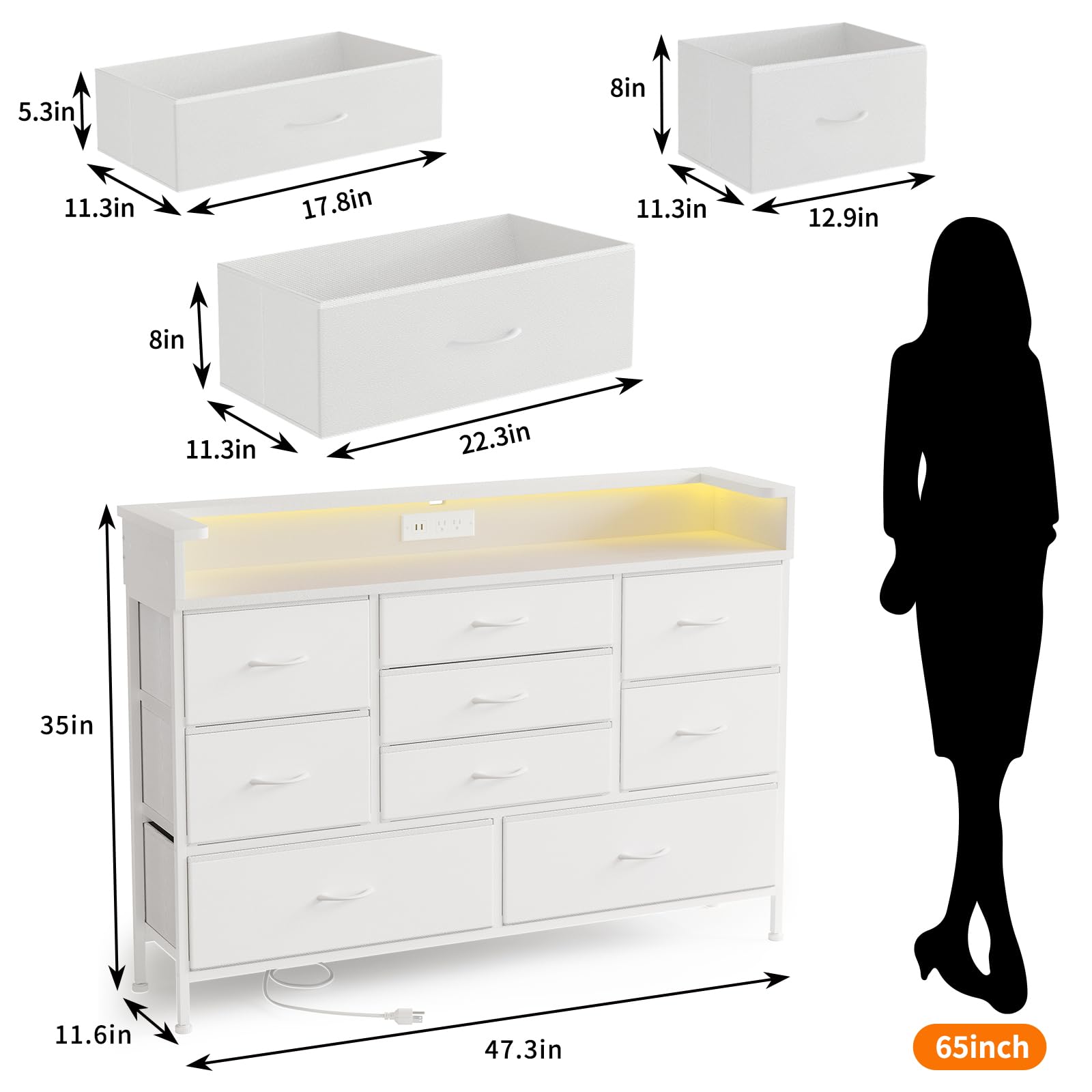 Fixwal White LED Dresser for Bedroom, Dresser with 9 Drawers and Charging Station, Fabric Chest of Drawers with PU Finish, Entryway, Living Room, Hallway