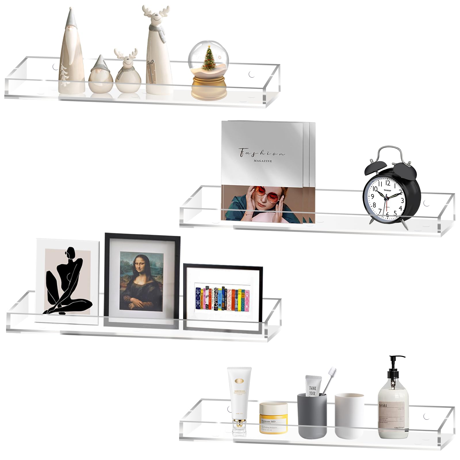 KSacry 4 Pack Acrylic Shelves for Wall Storage, 15" Floating Bookshelves for Kids, Display Shelf Organizer for Bathroom, Bedroom, Living Room, Kitchen, Room Decor, Clear