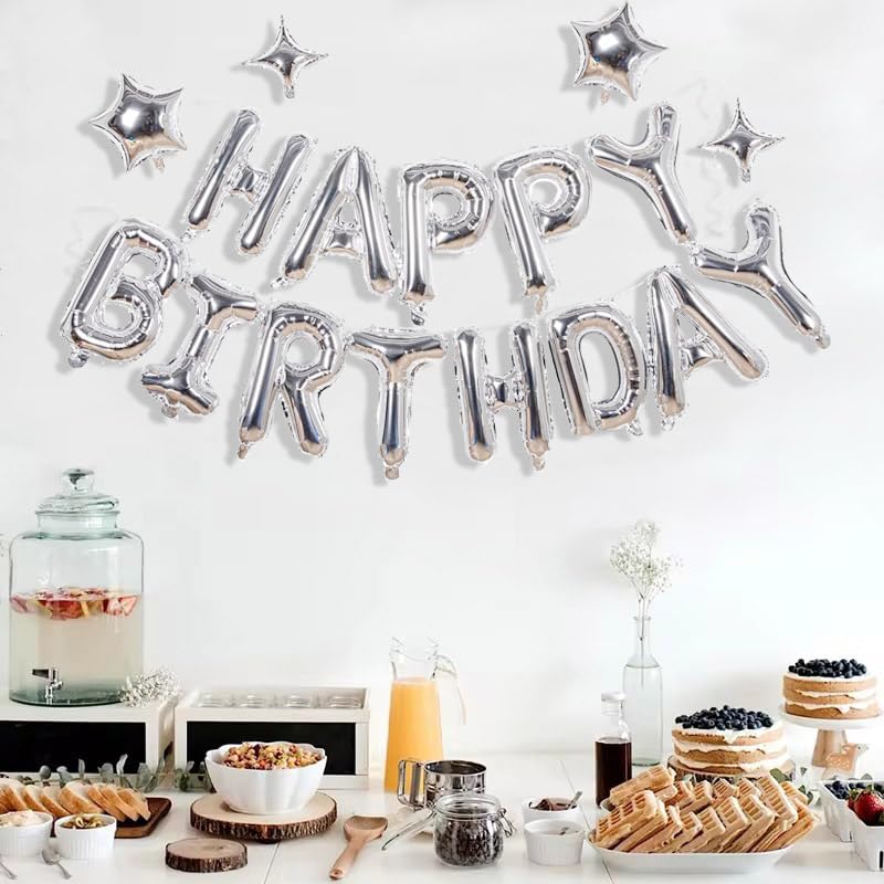 Silver Happy Birthday Banner Balloon Aluminum Foil 16 Inch Letter,10 Inch Five Pointed Star Four Pointed Star Suitable for Kids, Men, Women, Boys and Girls Party Decoration Supplies