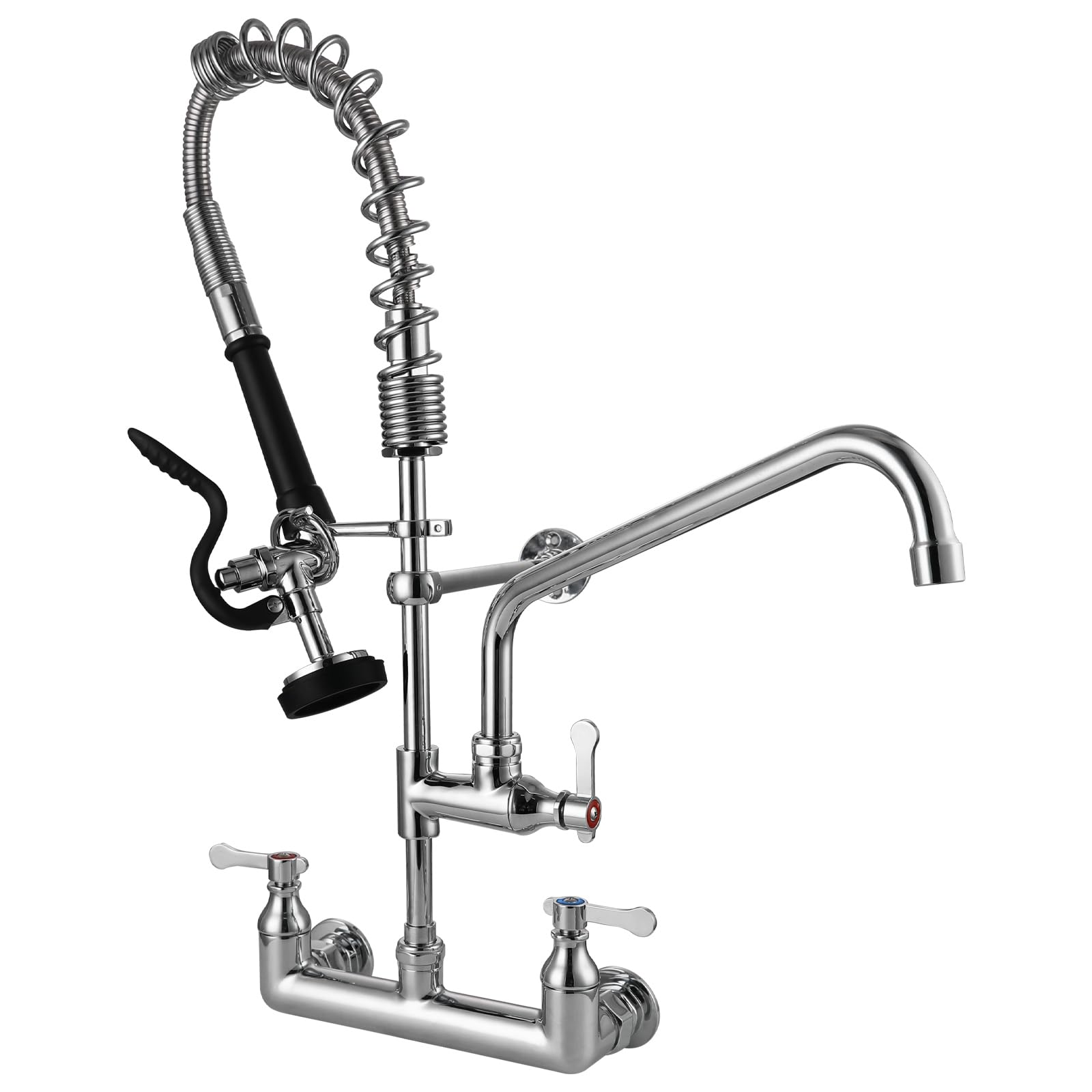 OIERZIN Commercial Faucet Wall Mount with Sprayer 25" Height, 8 Inch Center Brass Constructed Wall Mount Kitchen Sink Commercial Faucet with Pull Down Pre Rinse Sprayer and 12" Add-on Spout