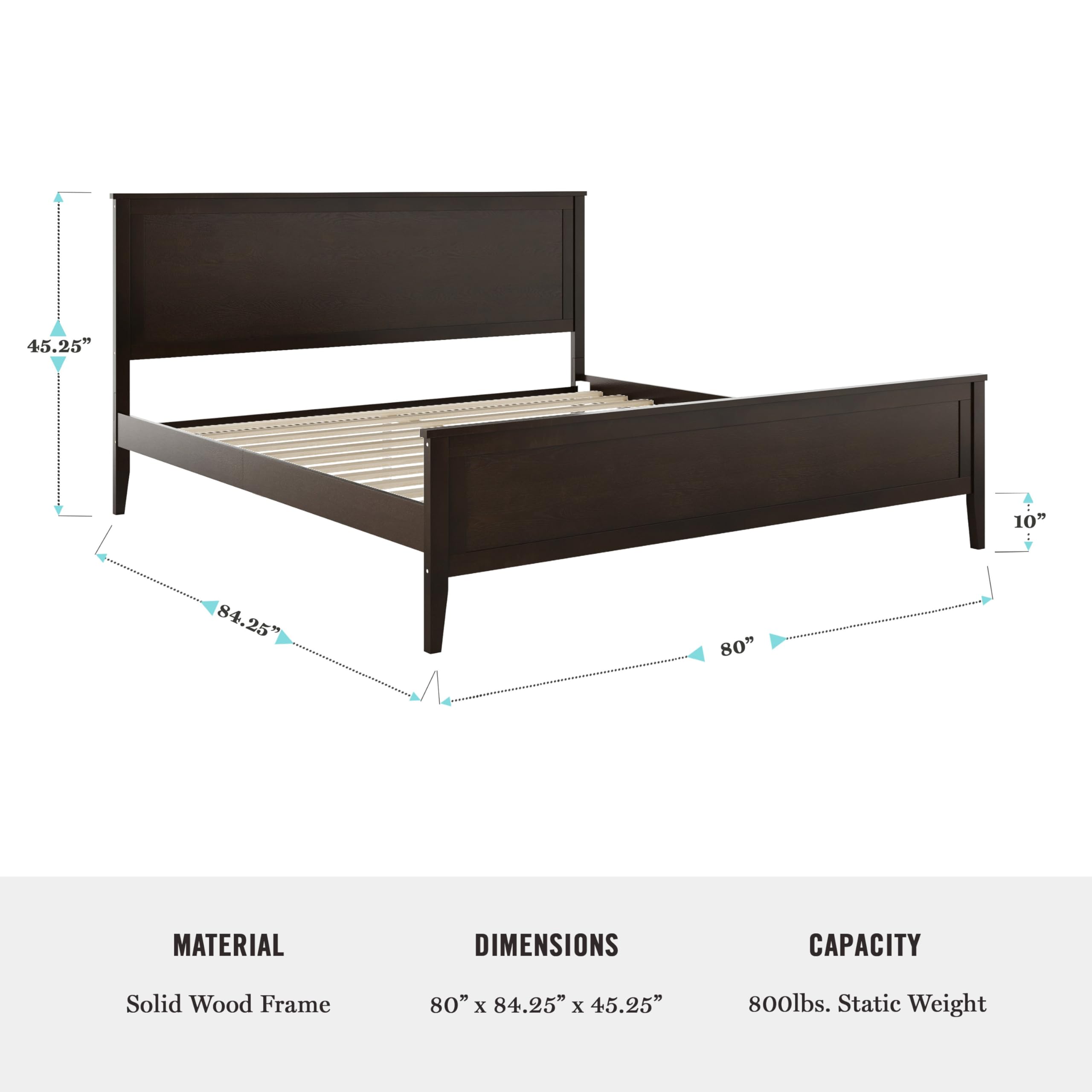 Martha Stewart Corbin Solid Wood Platform Bed with Wooden Headboard and Footboard, Wood Slat Foundation, No Box Spring Needed, King, Dark Brown