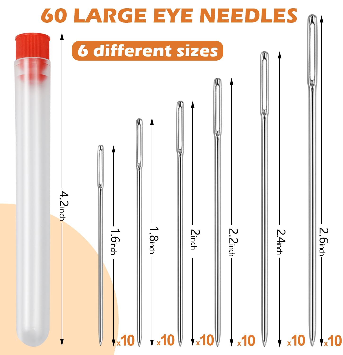 FIVEIZERO 60 PCS Large Eye Sewing Needles, 6 Sizes Hand Sewing Needles, Leather Needle Embroidery Thread Needle, Stainless Hand Quilting Needles with Threaders for Hand Sewing Art Crafts