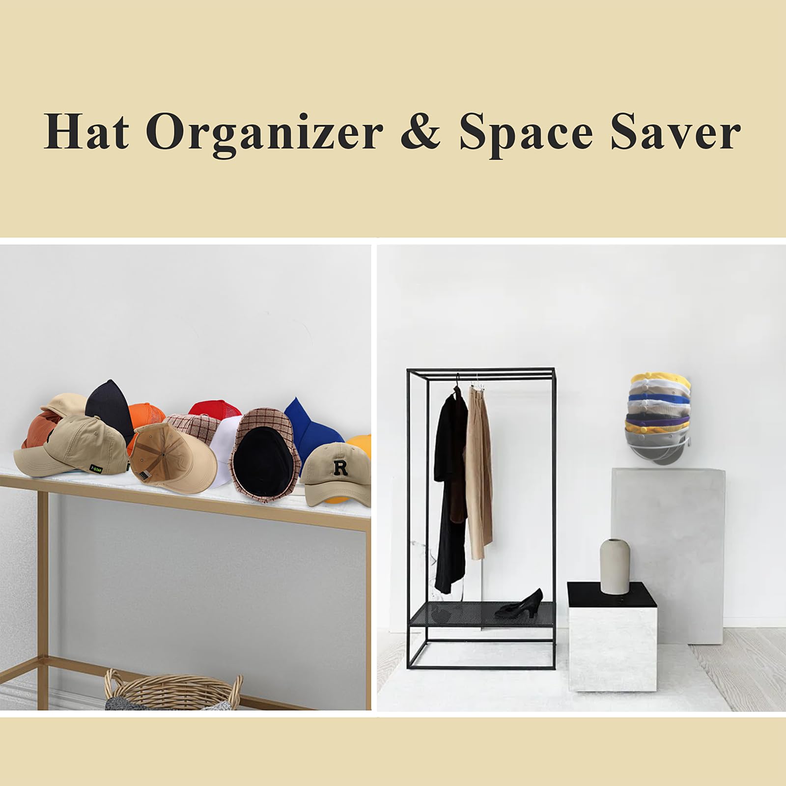 AAQR 2-Pack Hat Racks for Wall Closet, Compact Hat Organizer for Baseball Caps, Hat Storage Wall Closet for 30 Baseball Caps, Space Saver, Metal (Line Black)