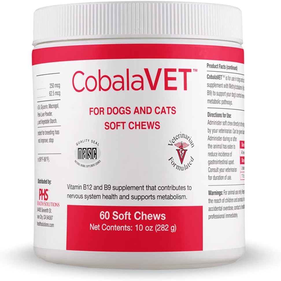 CobalaVet Vitamin B12 & B9 for Small Dogs & Cats - Supports The Nervous System, Brain Function, Immune Defenses & Cell Growth - Blood Cell Formation - Metabolic Pathway - 60 Soft Chews