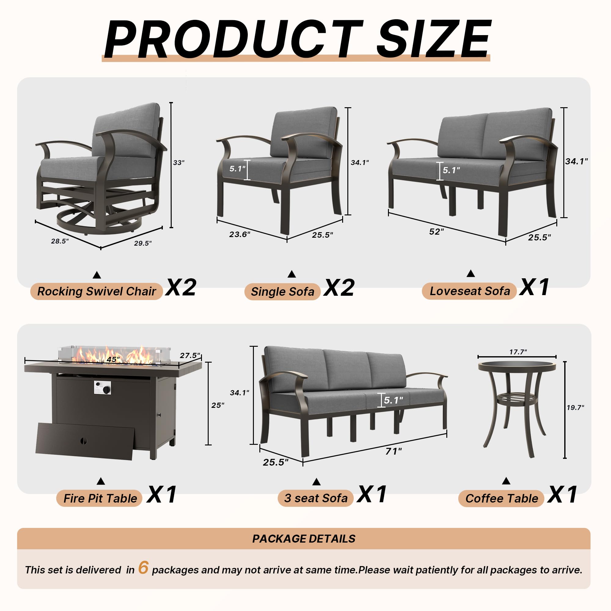 Piltwoff 8 Piece Patio Furniture Set,9-Seat Modern Metal Outdoor Conversation Sets w/45in 55000BTU Propane Fire Pit Table,Swivel Rocking Chairs Patio Sectional Sofa w/Coffee Table,Grey