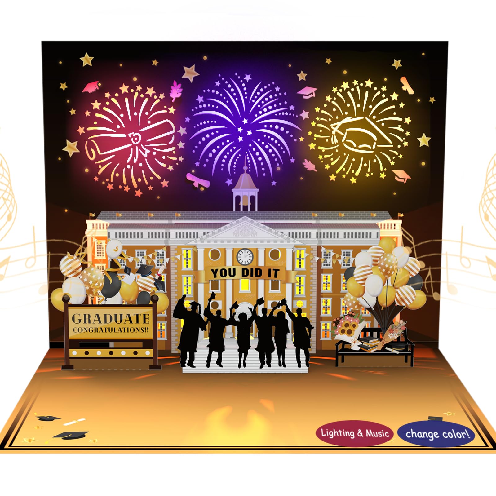 Graduation Card, 3D Pop-up Music &Lights 2024 Graduation Cards with Fireworks,Graduation Celebration School Architectural,Gifts for College,University Master's (Graduation Card)