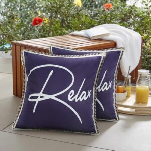 Navy Blue Outdoor Pillow Covers, Relax Outdoor Waterproof Pillow Covers 18x18 Set of 2, Decorative Throw Pillow Cover for Outside Patio Furniture Garden (No Inserts)