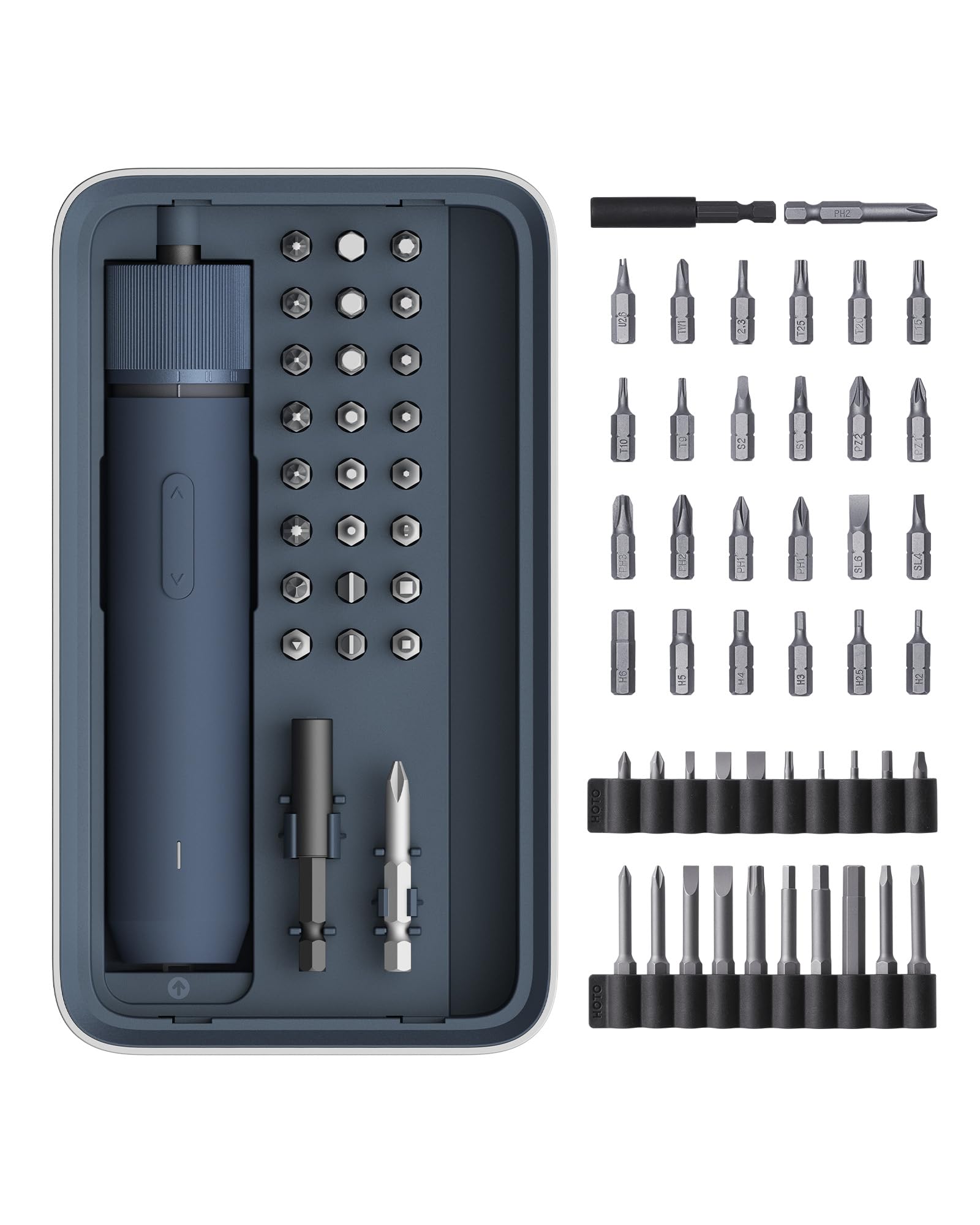 HOTO Electric Screwdriver Rechargeable,25+20 Extra Bits Enhanced Set,3.6V Cordless Screwdriver Set,3 Torque Settings,1500mAh Battery,LED Light for Furniture/Electric Appliances,No Charging Cable