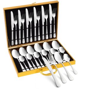 silverware set,24 piece premium silver utensil sets with wooden gift box,stainless steel cutlery set with portable silverware box,luxurious silver flatware set