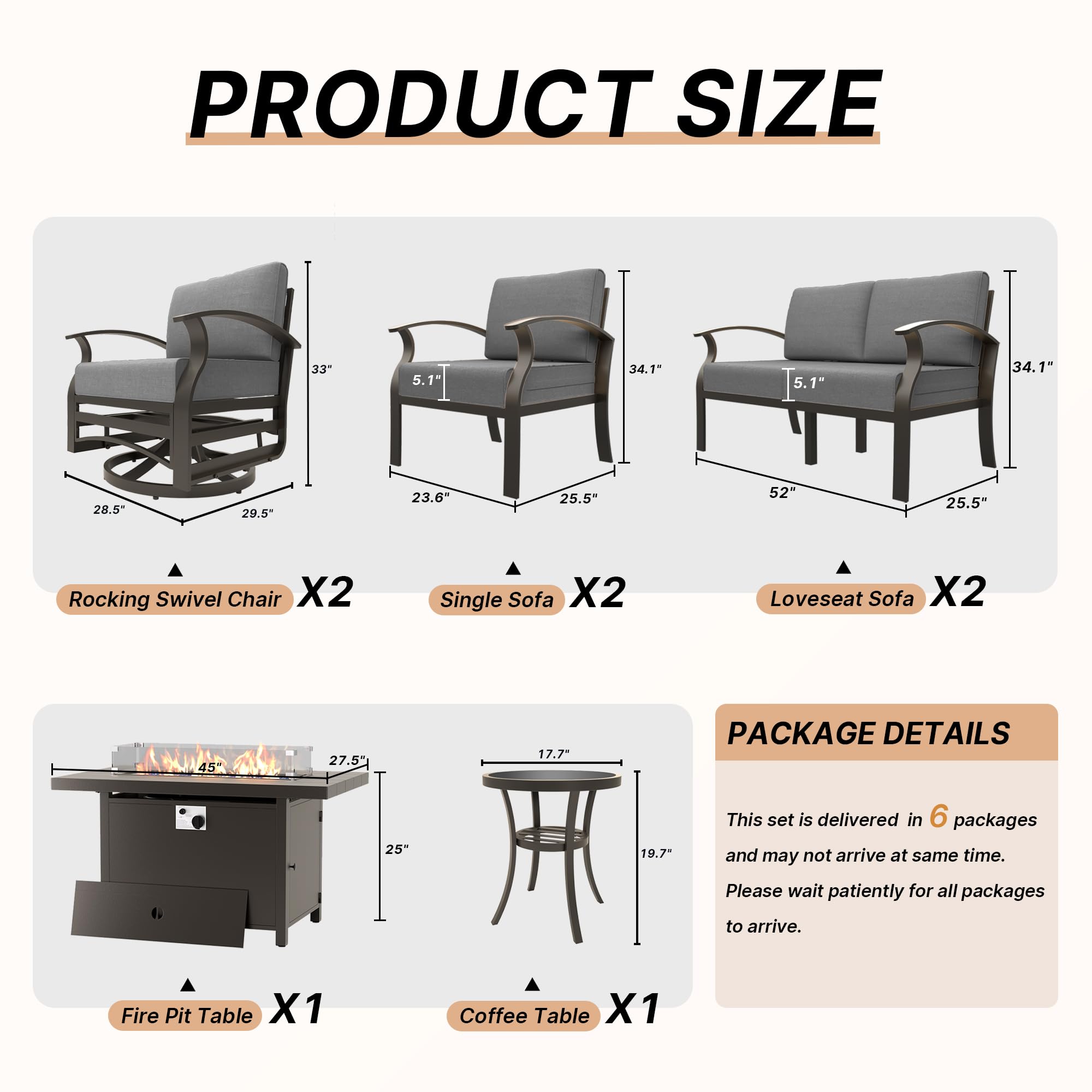 Piltwoff Aluminum Patio Furniture Set,8 Pcs Modern Patio Sectional Conversation Sets w/55,000BTU Propane Fire Pit,Outdoor Swivel Rocking Chairs w/5.1" Cushion&Coffee Table,Grey