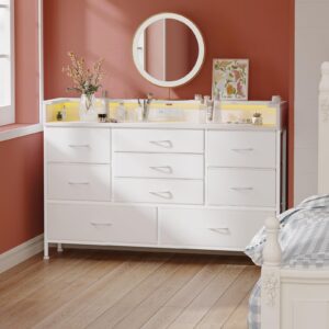 fixwal white led dresser for bedroom, dresser with 9 drawers and charging station, fabric chest of drawers with pu finish, entryway, living room, hallway