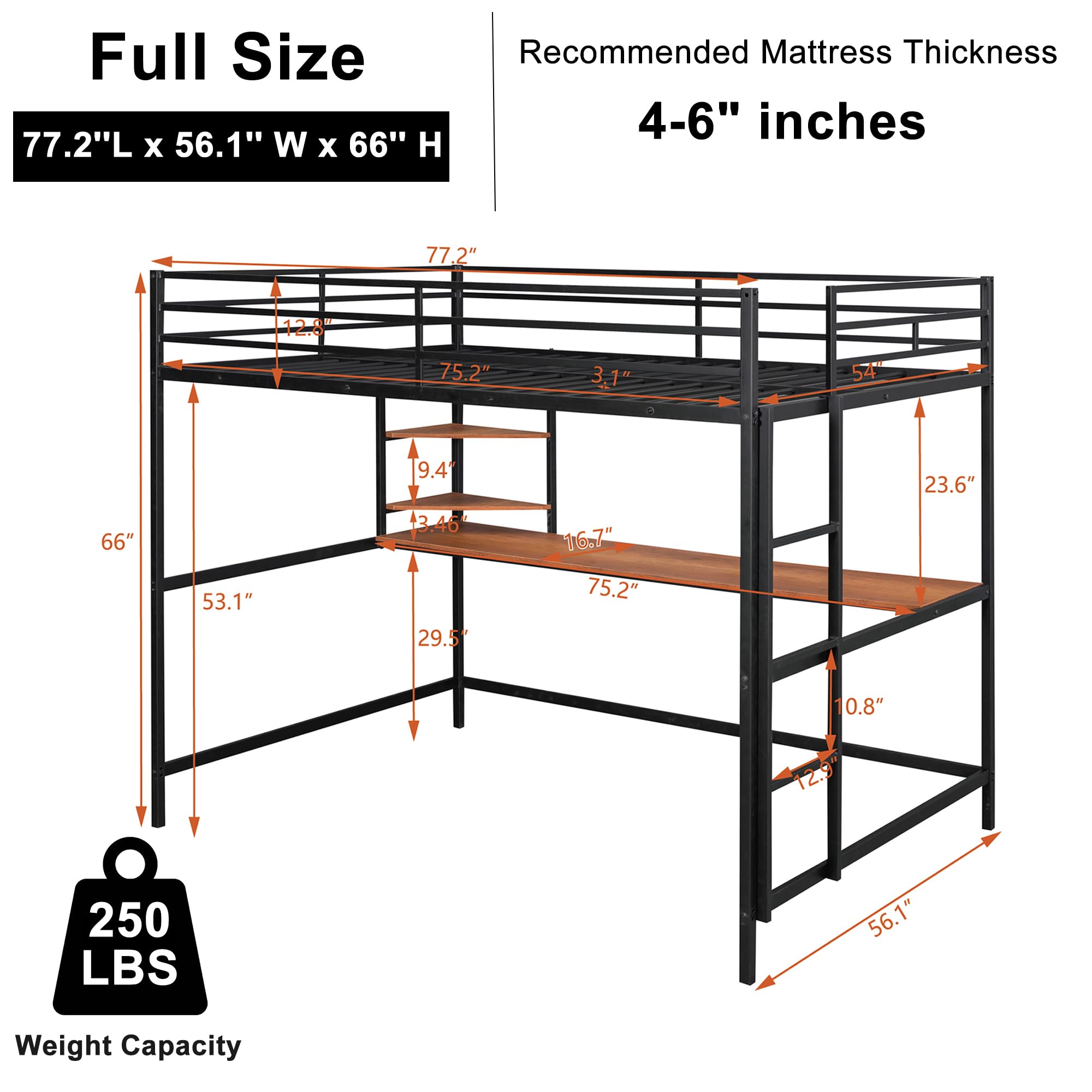 Full Size Loft Bed with Desk and Storage Shelves,Heavy-Duty Loft Bed Full for Kids,Metal Loft Bed Frame with Safety Guardrail,Space-Saving(Full,Black)