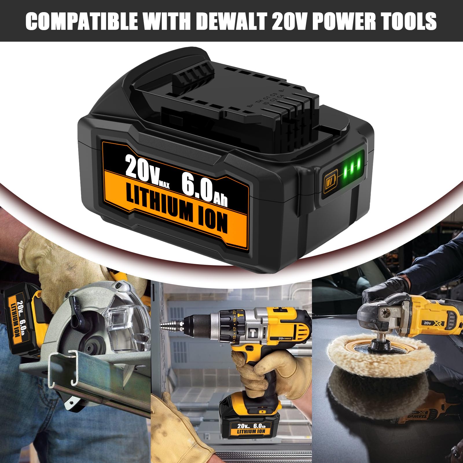 2Packs 6.0Ah Lithium-ion Replacement Battery Compatible with Dewalt 20V Max Battery DCB200 XR Series Cordless Power Tools