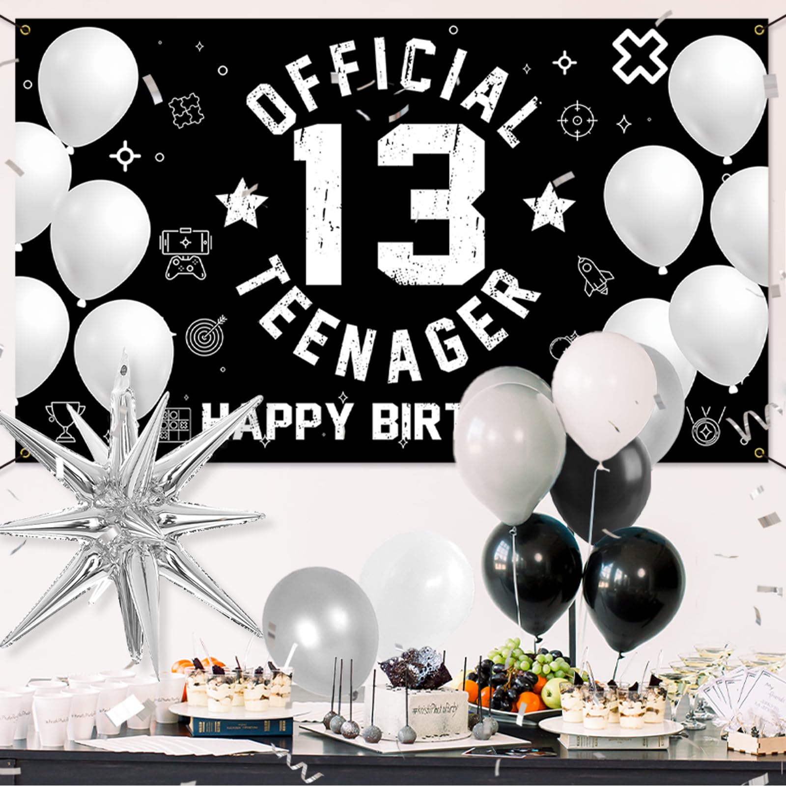 HTDZZI 13th Birthday Decoration Kit for Boys, Official Teenager 13 Birthday Party Backdrop Banner, Number 13 Balloons, Explosion Star Balloons, 13th Birthday Photo Props Decor, Black White