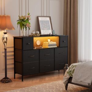 Fixwal Dresser for Bedroom with Power Outlets and LED Lights, Black 55" TV Stand with 8 Drawers, Fabric Chest of Drawers with PU Finish for Living Room, Entryway