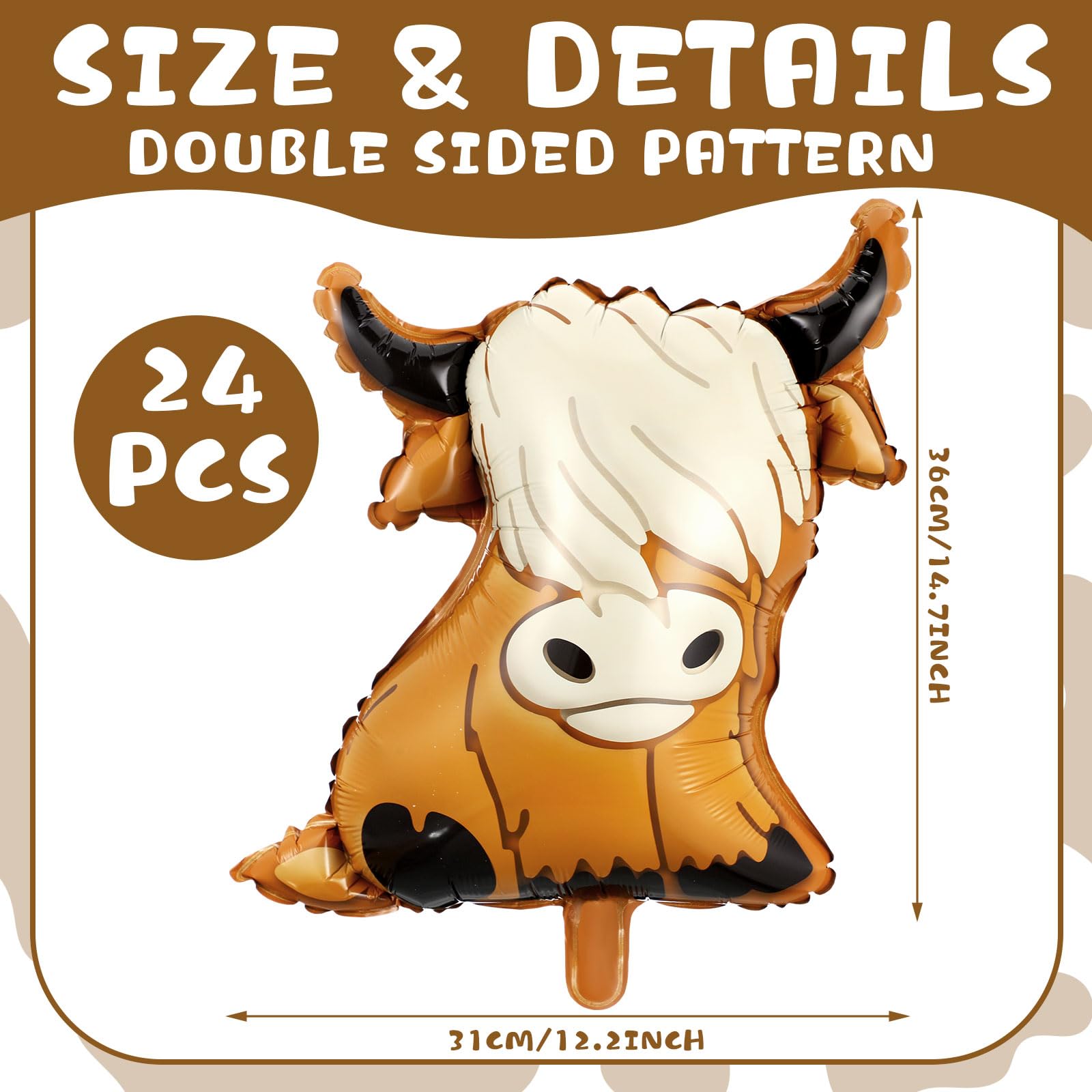 VercanMonth 24 Pcs Highland Cow Balloons 14.7 Inch Foil Brown Cow Double-sided Print Balloons Western Party Decorations Highland Cow Birthday Balloons Animal Balloons for Cow Party Supplies