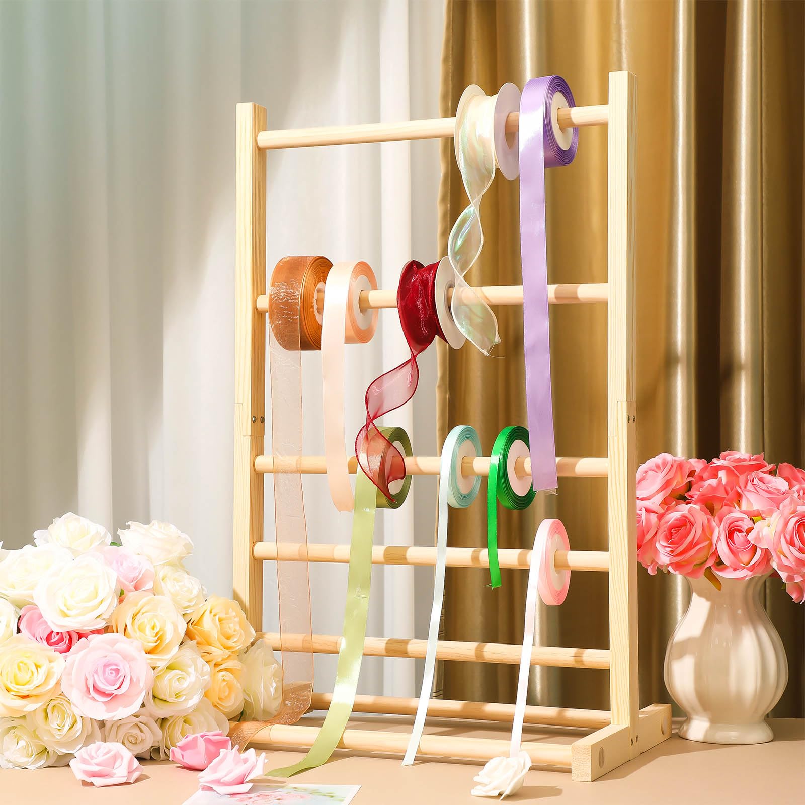 Lineshading 5 Tier Wooden Ribbon Holder Organizer Wooden Ribbon Rack Ribbon Spool Holder Storage Rack for Craft Sewing Yarn Mesh Crochet Tulle Tape Roll Gift Wrapping,27.55 x 17.71 x 11.81 Inches