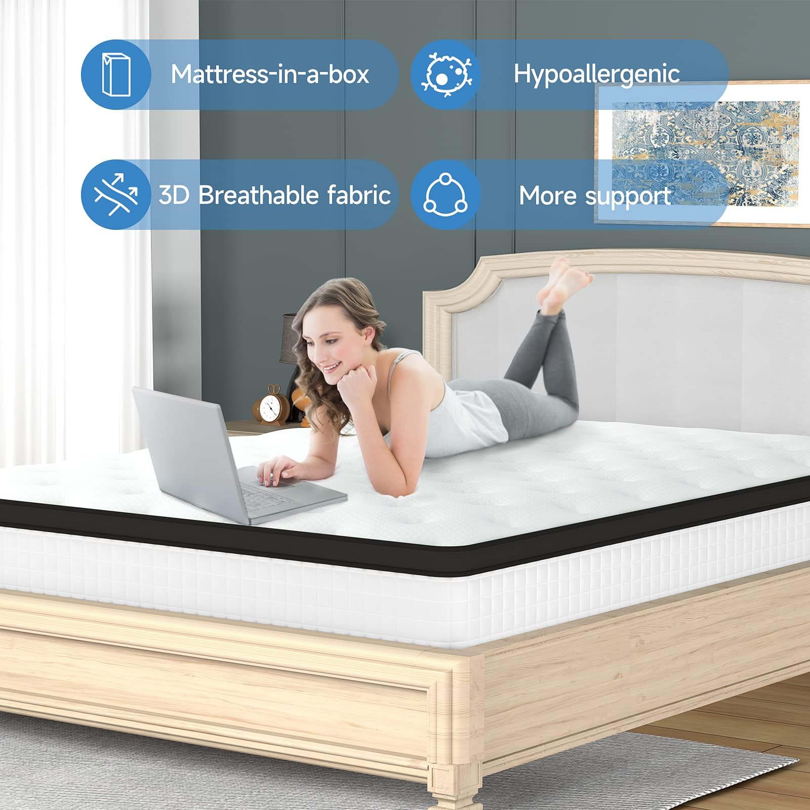 wowttrelax 10 Inch Queen Mattress in a Box - Comfortable Innerspring Mattress with Motion Isolation, Individually Wrapped Pocket Coils - Double Mattress Relief - Cooling Gel Memory Foam