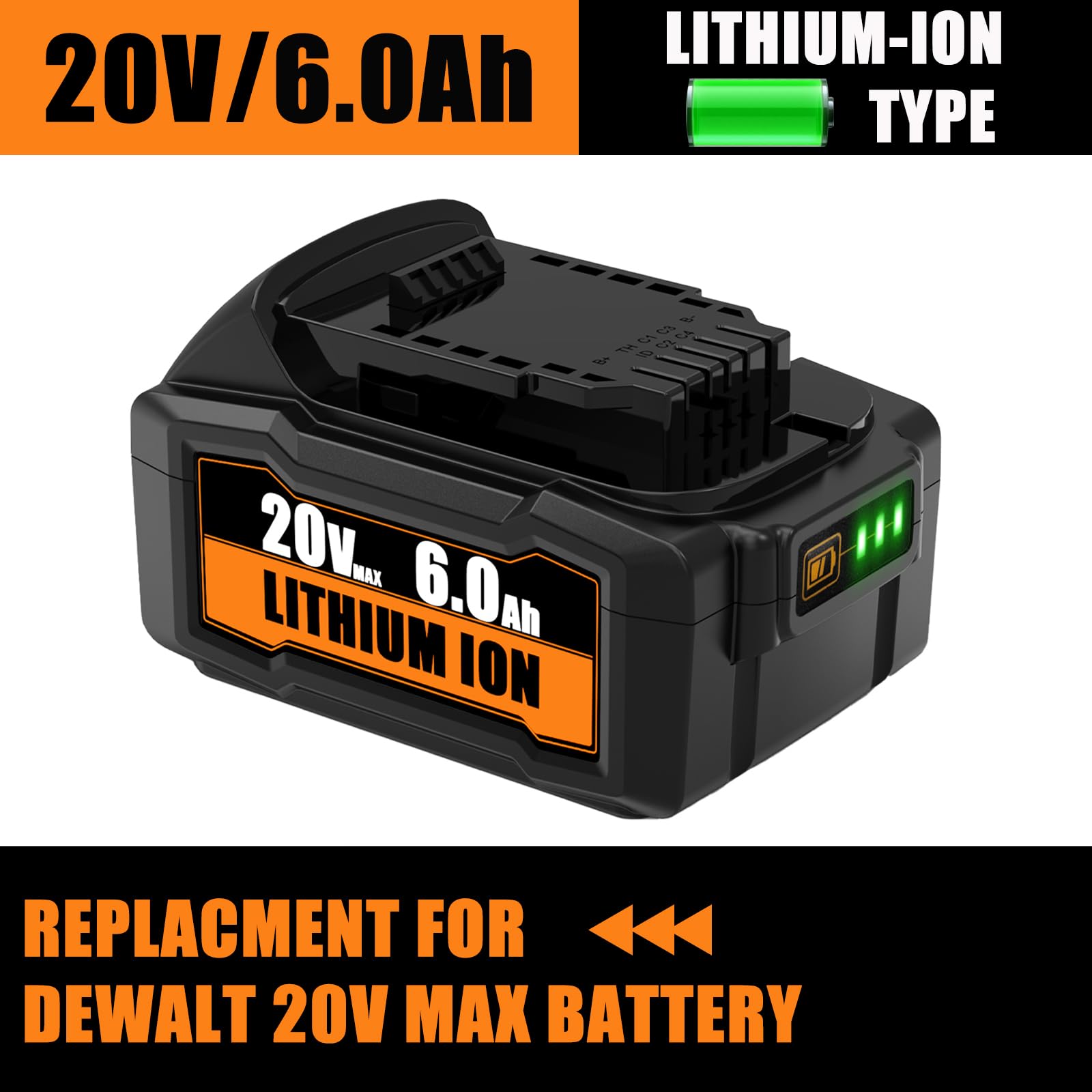 2Packs 6.0Ah Lithium-ion Replacement Battery Compatible with Dewalt 20V Max Battery DCB200 XR Series Cordless Power Tools