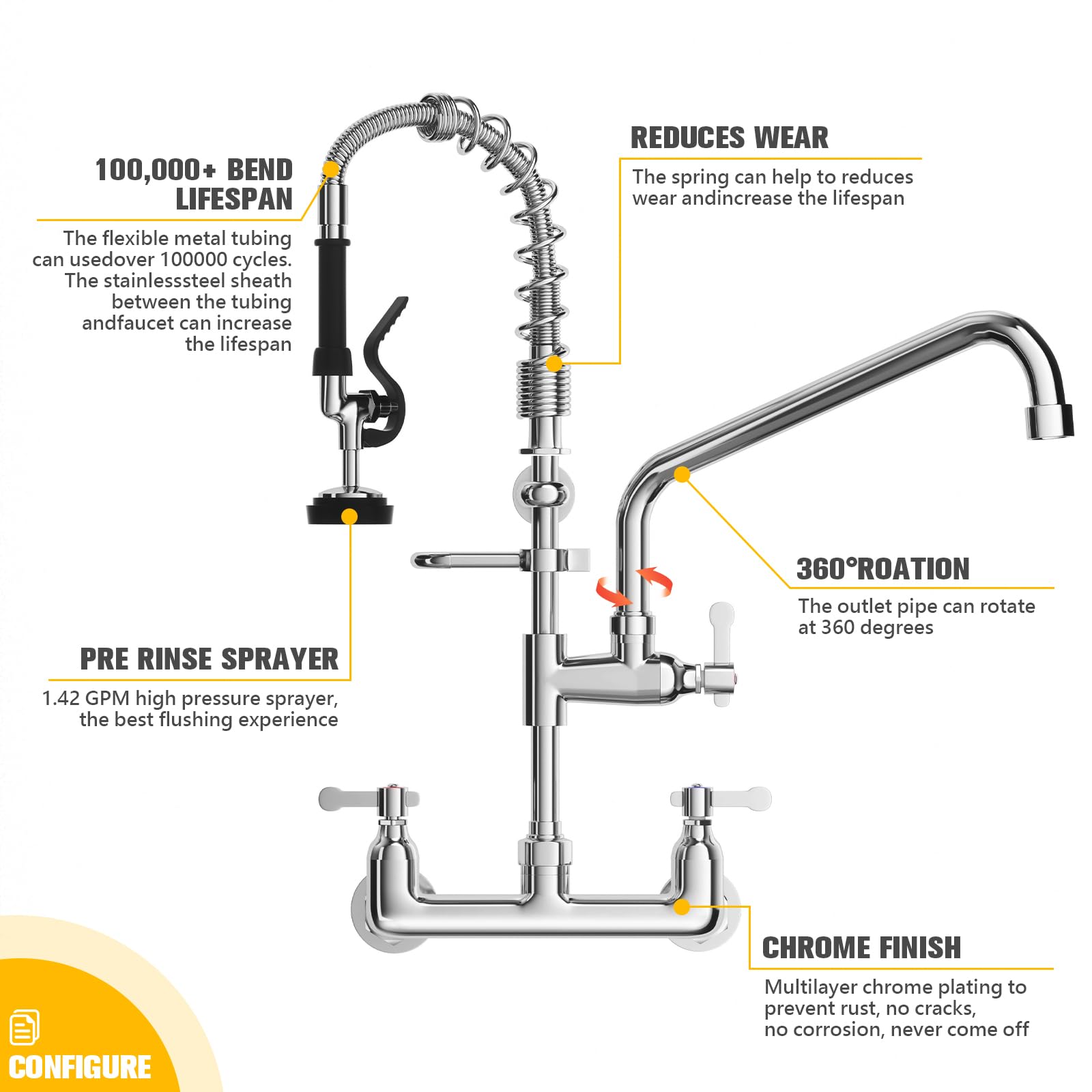 OIERZIN Commercial Faucet Wall Mount with Sprayer 25" Height, 8 Inch Center Brass Constructed Wall Mount Kitchen Sink Commercial Faucet with Pull Down Pre Rinse Sprayer and 12" Add-on Spout