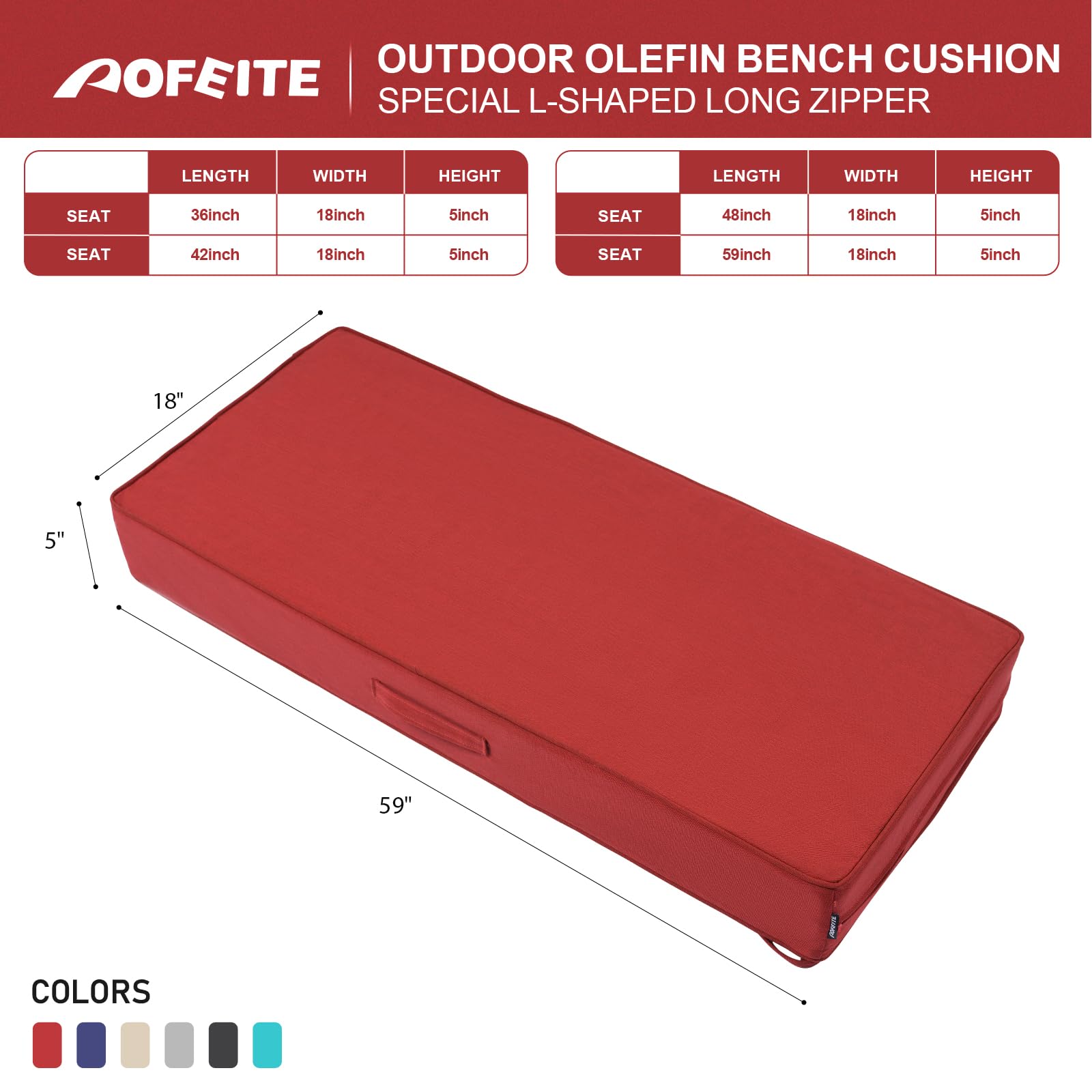 AOFEITE Outdoor Olefin Water-Resistant Bench Cushion, Weather and Fade Resistant 59”x 18”x 5” Patio Furniture Thickened Seat Pad with Handle and Adjustable Straps Ideal for Lawn, Garden, Red