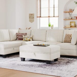 Belffin Velvet Sectional Sofa with Storage Ottoman Cream L Shaped Couch Sofa Convertible L-Shaped Sofa Beige