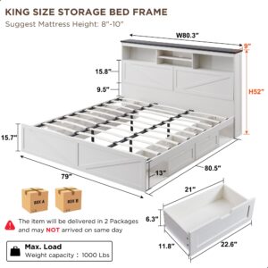 ACCOHOHO Farmhouse King Size Wood Bed Frame with 52" Tall Storage Headboard and 4 Drawers,LED Light,Charging Station,Solid Wood Slats Support,Noiseless,No Box Spring Needed,White