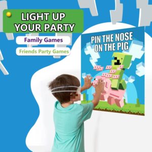 SUNALETTA Video Game Birthday Party Supplies for Kids Pin The Nose on The Pig Games Party Games for Kids, Pixel Miner Party Kids Party Favors Decorations