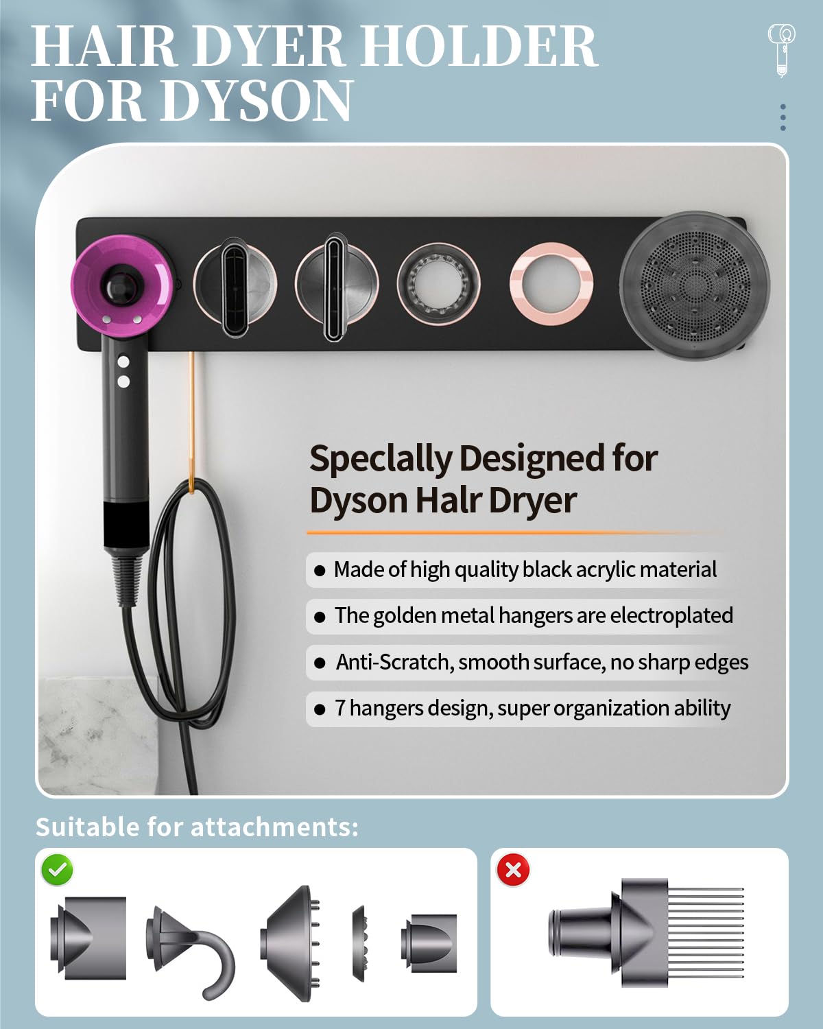 Magnetic Wall Mount Hair Dryer Holder for Dyson Supersonic with 5 Magnetic Rings for The Attachments, Premium Blow Dryer Holder Wall Mounted, Ultimate Convenience (Model A - Black)