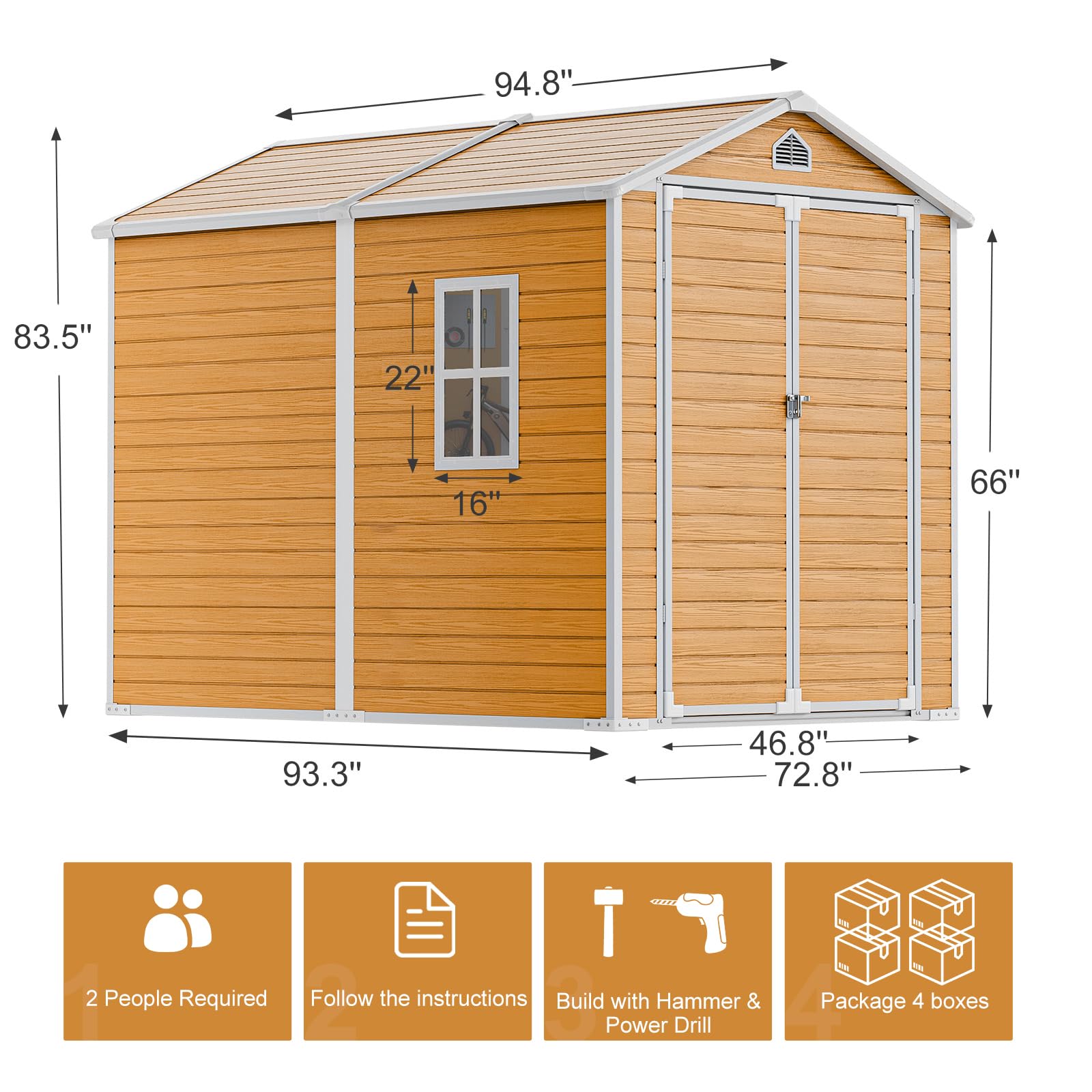 Outdoor Resin Storage Shed 8x6 FT, Plastic Sheds with Floor Window Lockable Door Included, Large Waterproof Outside Sheds Storage for Backyard Garden Patio Lawn Tools, Brown