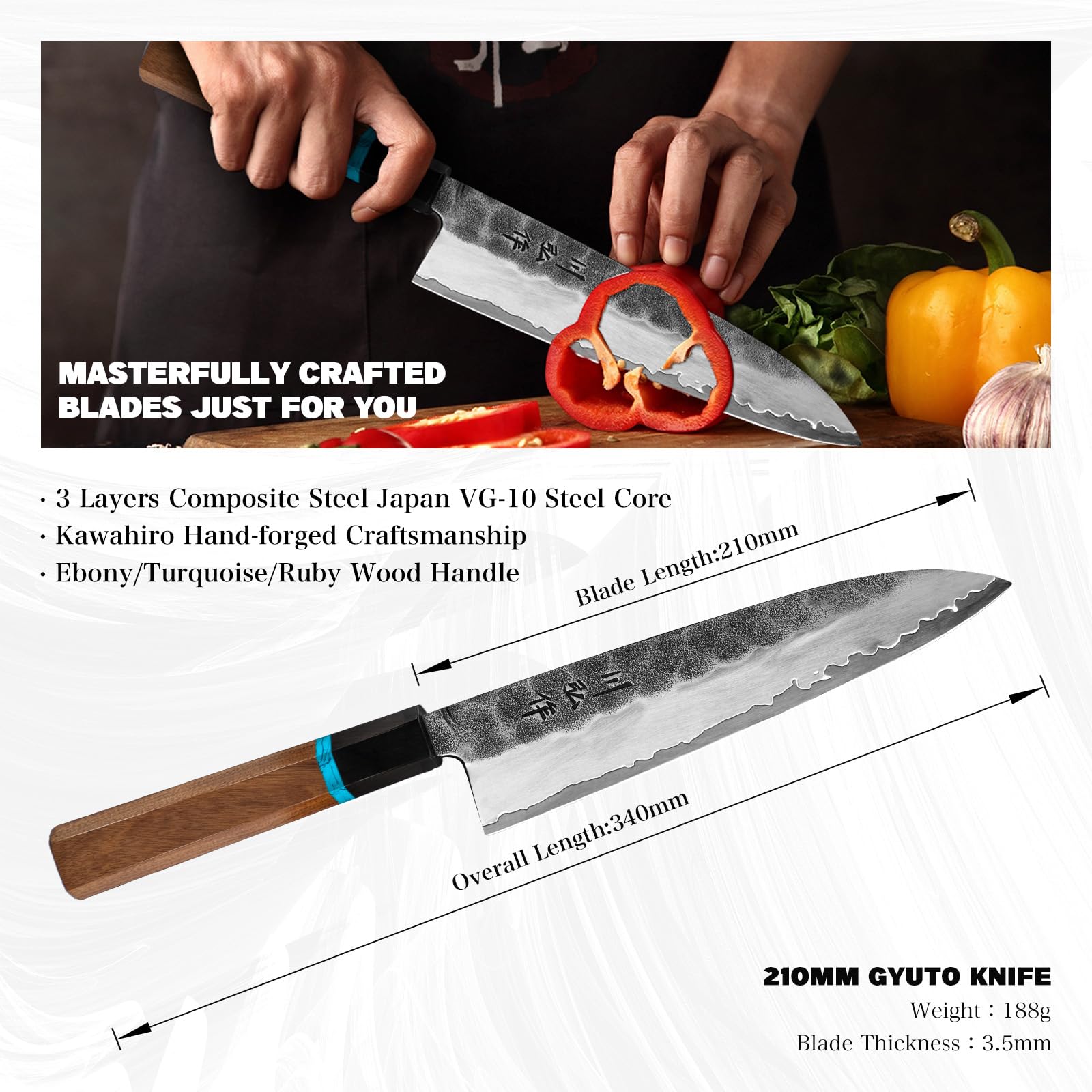 KAWAHIRO Japanese Chef Knife, 210mm Black Forged Kitchen Knife with Tri-Ply VG-10 Stainless Steel Blade, Professional Handcrafted Gyuto Chefs Knife, Ergonomic Handle Grip and Gift Wood Box