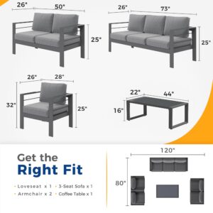 Solaste Aluminum Patio Furniture Set,5 Pieces Modern Outdoor Conversation Set Sectional Sofa with Upgrade Cushion and Tempered Glass Table top Coffee Table,Grey