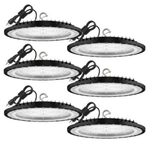 6 pack ufo led high bay light, 200w led high bay light, 5000k,28,000lm, 5 ft cable with us plug ul certified plug, ip65 commercial warehouse area light for wet location area, workshop, garage