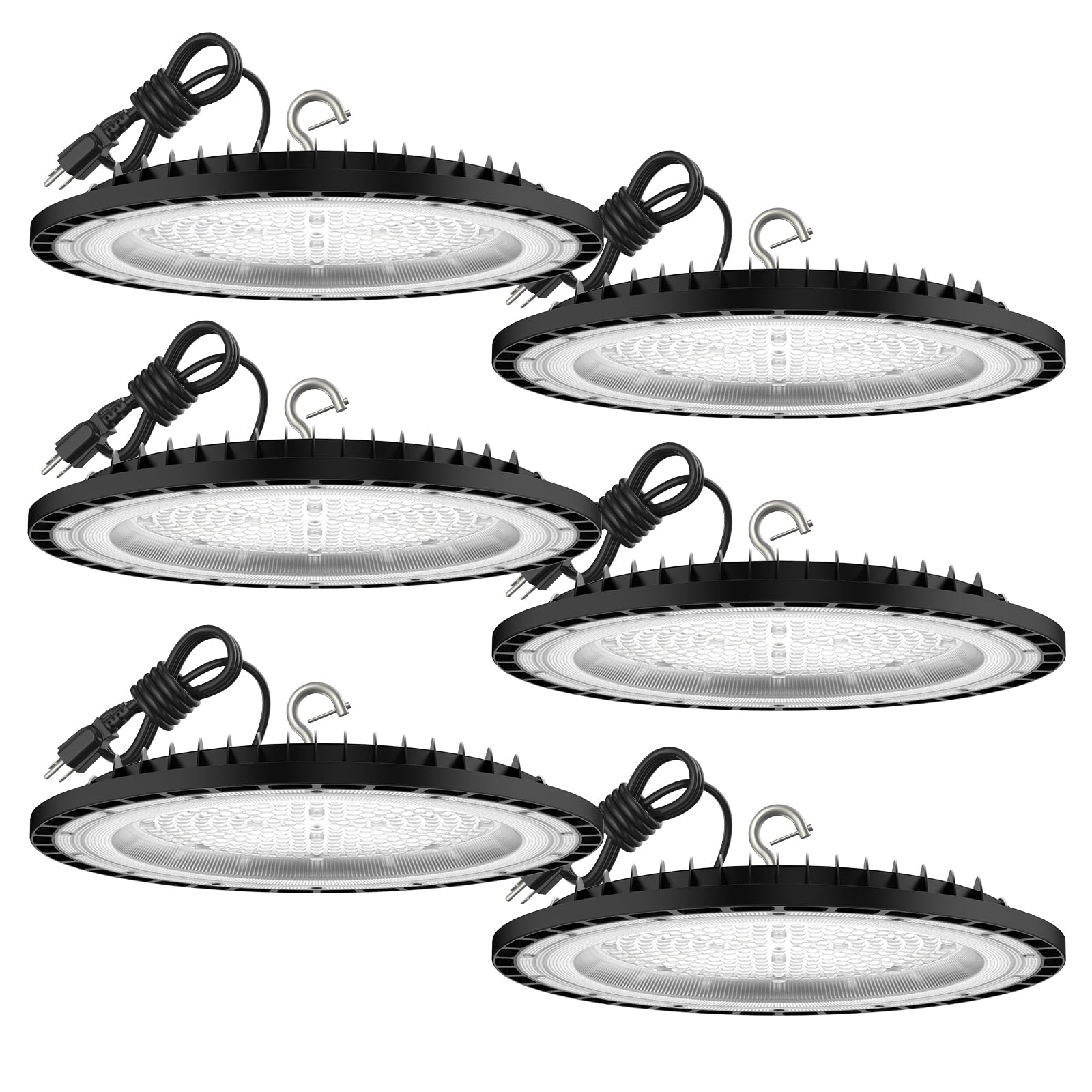 6 Pack UFO LED High Bay Light, 200W LED High Bay Light, 5000K,28,000LM, 5 ft Cable with US Plug UL Certified Plug, IP65 Commercial Warehouse Area Light for Wet Location Area, Workshop, Garage