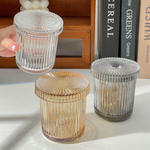 WAIT FLY Glass Cotton Swabs Dispenser with Lid Q-Tips Holder Bathroom Cup Bathroom Vanity Organizer-Amber-9 OZ