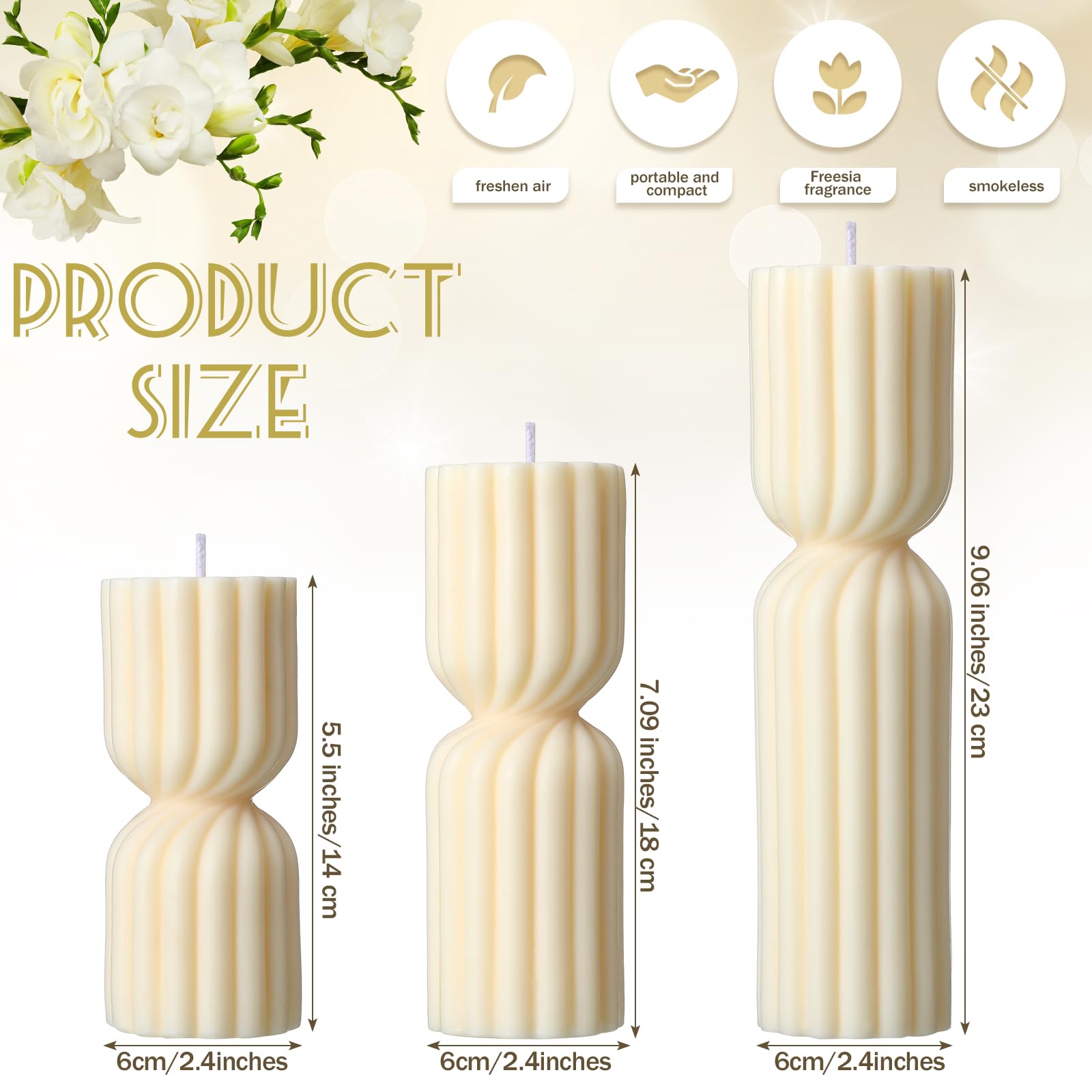 Conelist 3 Pcs Ribbed Pillar Candles Handmade Scented Soy Wax Candle Natural Aesthetic Candles Housewarming Gift Decorative Candles for Home Decor, 5.5 Inch, 7 Inch, 9 Inch in Height(White)