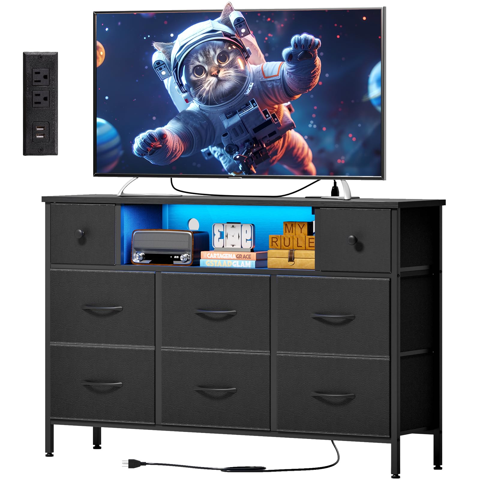 Fixwal Dresser for Bedroom with Power Outlets and LED Lights, Black 55" TV Stand with 8 Drawers, Fabric Chest of Drawers with PU Finish for Living Room, Entryway