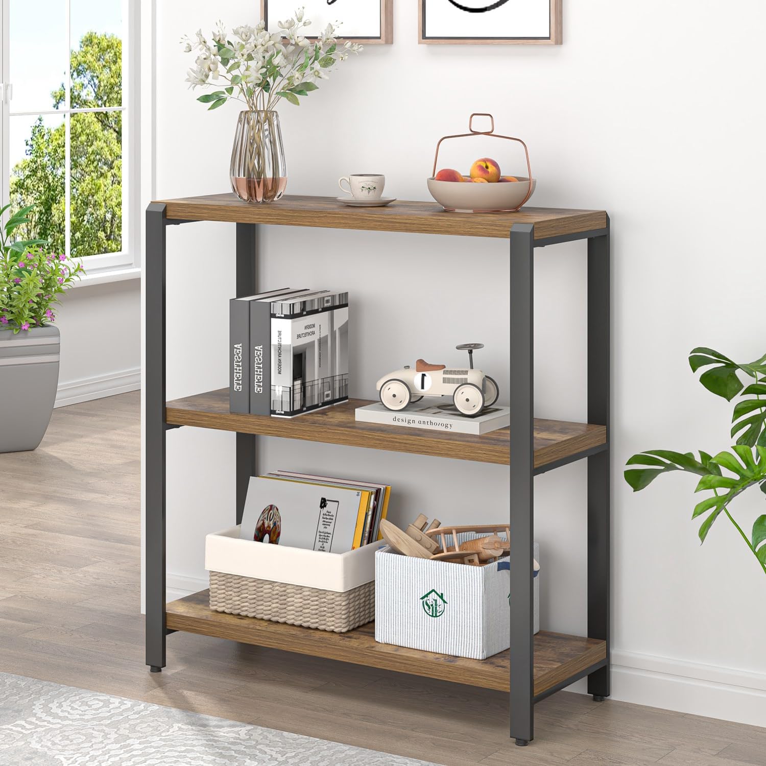 EXCEFUR Small Bookshelf, 3 Tier Short Low Book Shelf, Modern Metal and Wood Standing Etagere Bookcase for Home Office Living Room Bedroom, Rustic Brown