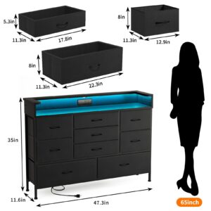 Fixwal Black LED Dresser, Dresser with 9 Drawers and Charging Station, Fabric Chest of Drawers with PU Finish for Kid Room, Entryway, Living Room, Hallway