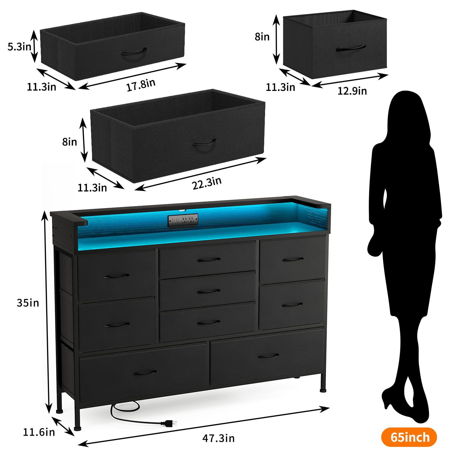 Fixwal Black LED Dresser, Dresser with 9 Drawers and Charging Station, Fabric Chest of Drawers with PU Finish for Kid Room, Entryway, Living Room, Hallway