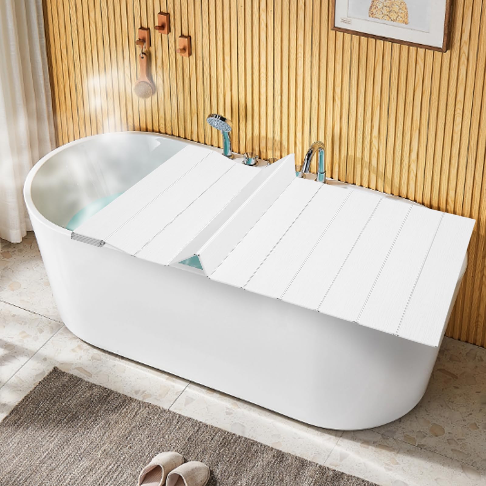 Foldable Bathtub Tray PVC Waterproof Bathtub Cover Dustproof Shutter Bath Lid 63x31.5 inch Foldable Anti-dust Bathtub Cover Bath Insulation Cover Fit Most Tubs for Home Bathtubs Bathroom SPA