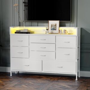 Fixwal White LED Dresser for Bedroom, Dresser with 9 Drawers and Charging Station, Fabric Chest of Drawers with PU Finish, Entryway, Living Room, Hallway