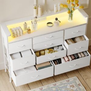 Fixwal White LED Dresser for Bedroom, Dresser with 9 Drawers and Charging Station, Fabric Chest of Drawers with PU Finish, Entryway, Living Room, Hallway