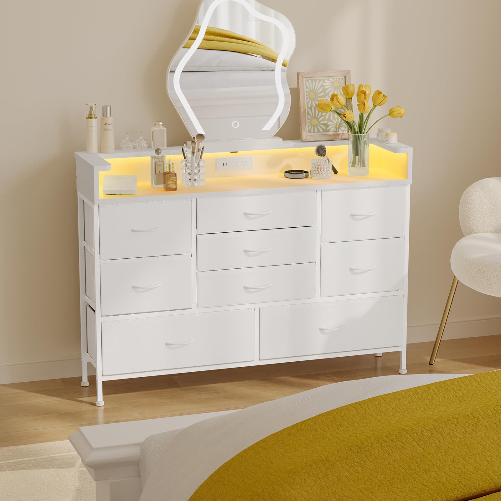 Fixwal White LED Dresser for Bedroom, Dresser with 9 Drawers and Charging Station, Fabric Chest of Drawers with PU Finish, Entryway, Living Room, Hallway