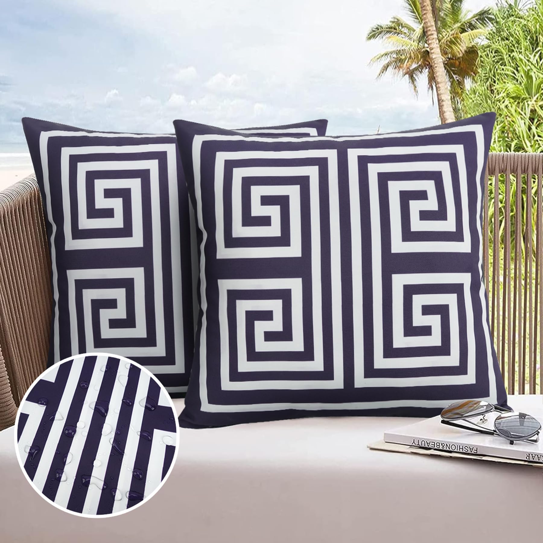 JASEN Navy Blue Outdoor Pillow Covers, Greek kty Outdoor Waterproof Pillow Covers 18x18 Set of 2, Double-Sided Decorative Throw Pillow Cover for Outside Patio Furniture Garden (No Inserts)