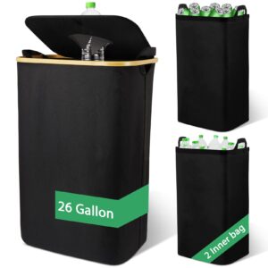 beautifable recycling bin for kitchen, 26 gallon indoor large recycle bin with lid and 2 removeable reusable inner bag collecting bottle can waste plastice （black