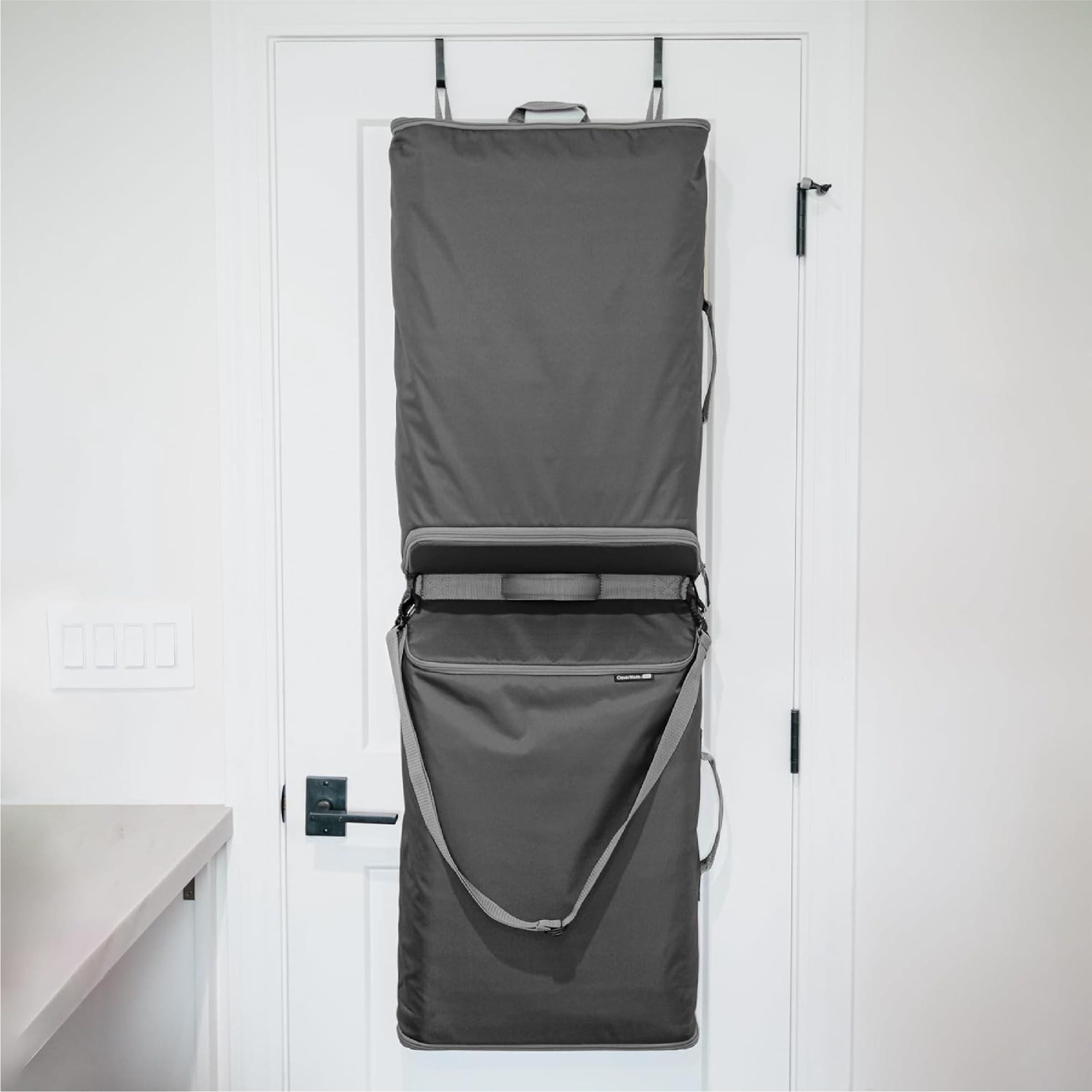 CleverMade Hanging Laundry Hamper Bag with Over the Door Hooks; Space Saving Organization, Great for a Dorm Room, Closet, Bathroom, or Small Bedroom - Shadow Gray/Stone Gray, 2 Compartments