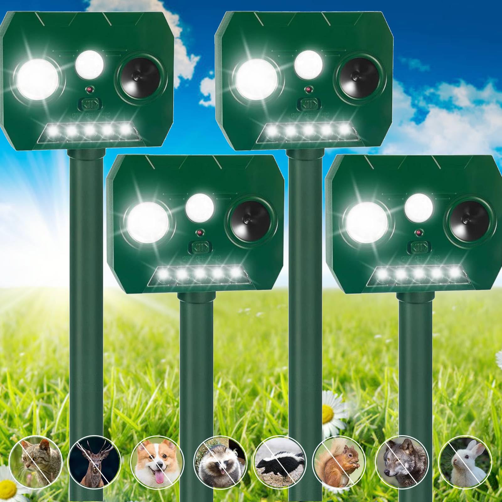 4 Pack Ultrasonic Animal Repellent Outdoor Solar Cat Deterrent with PIR Motion Sensor Flash Light for Squirrel Cat Deer Skunk Rabbit Coyote Dog, Deer Repellent Devices Skunk Repellent for Yard